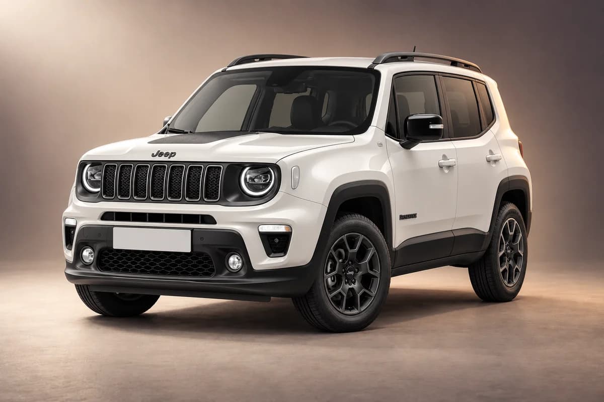 AI-restyled representative studio illustration of the Jeep renegade model family; actual generation, trim, color and specification require operator confirmation