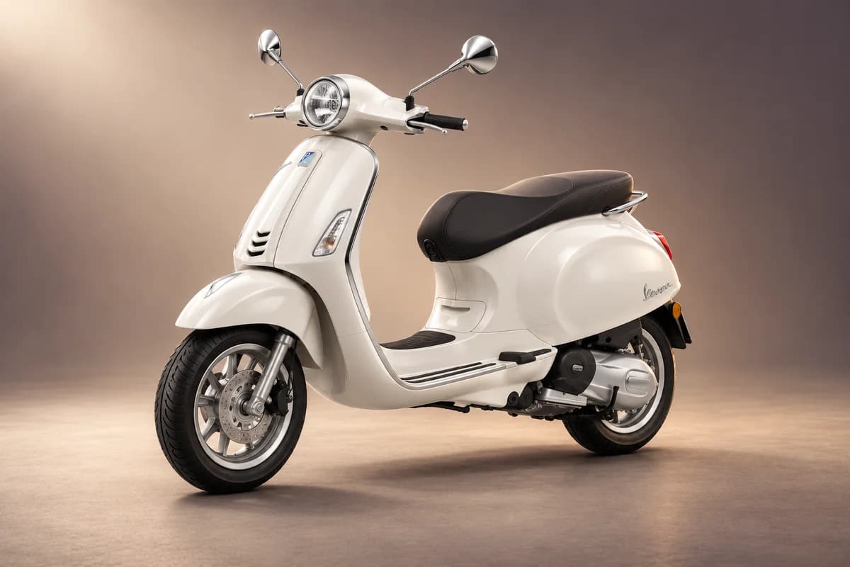 AI-generated representative scooter & moto studio illustration using the Vespa primavera 125 model family; actual model, transmission, seating, trim and color require operator confirmation